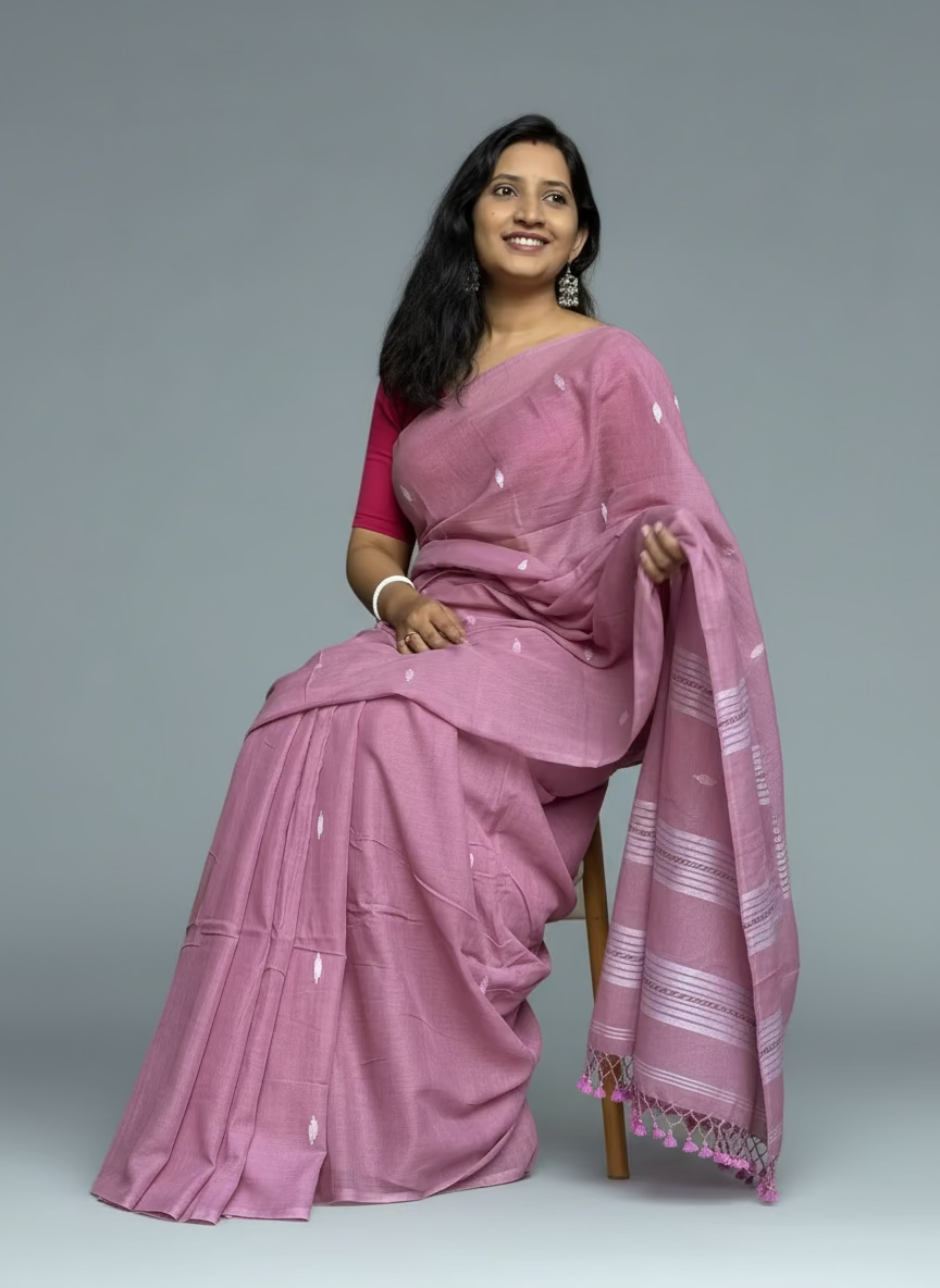 Woman wearing a pink saree sitting on a chair indoors.