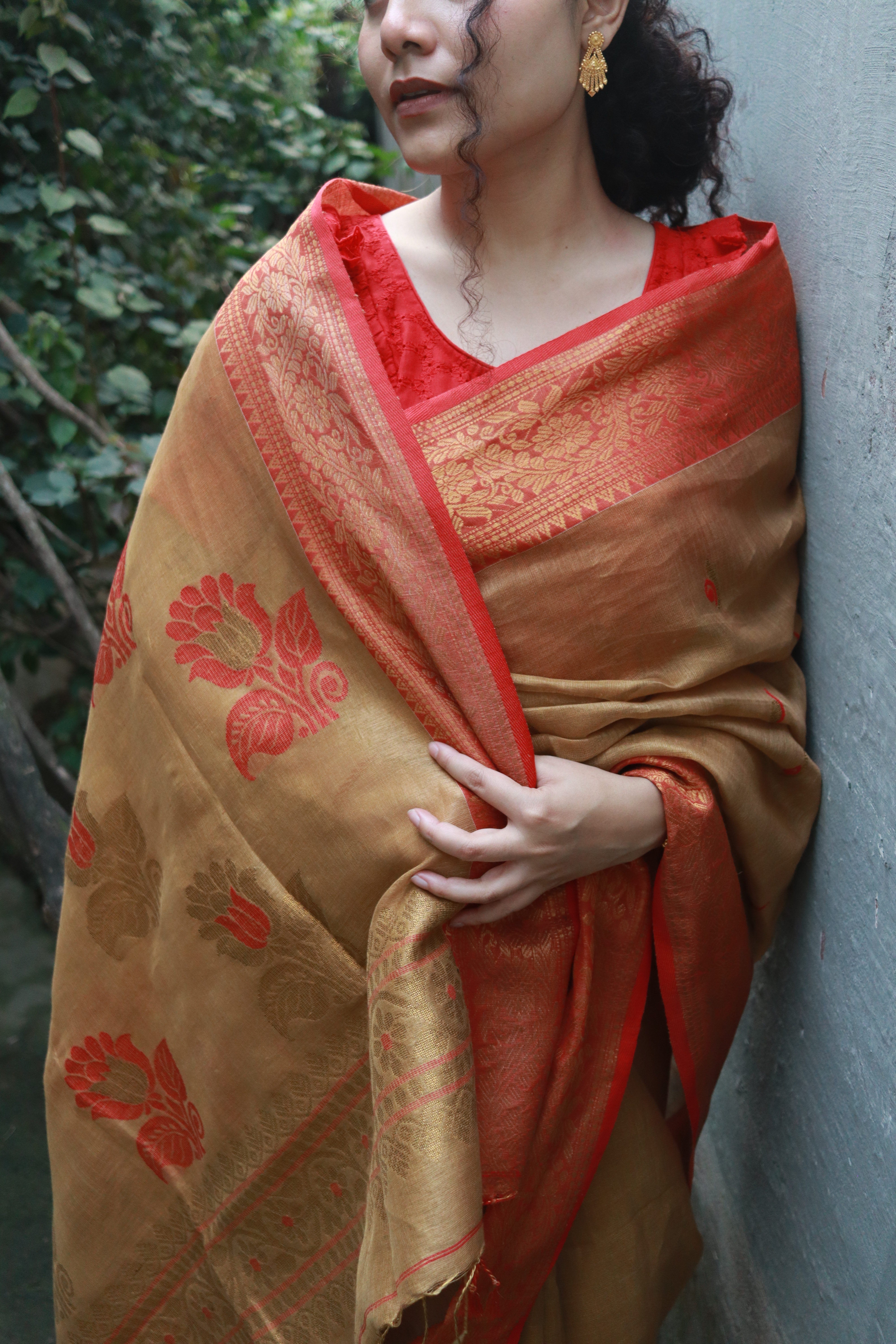 Golden bloom in banarsi linen .