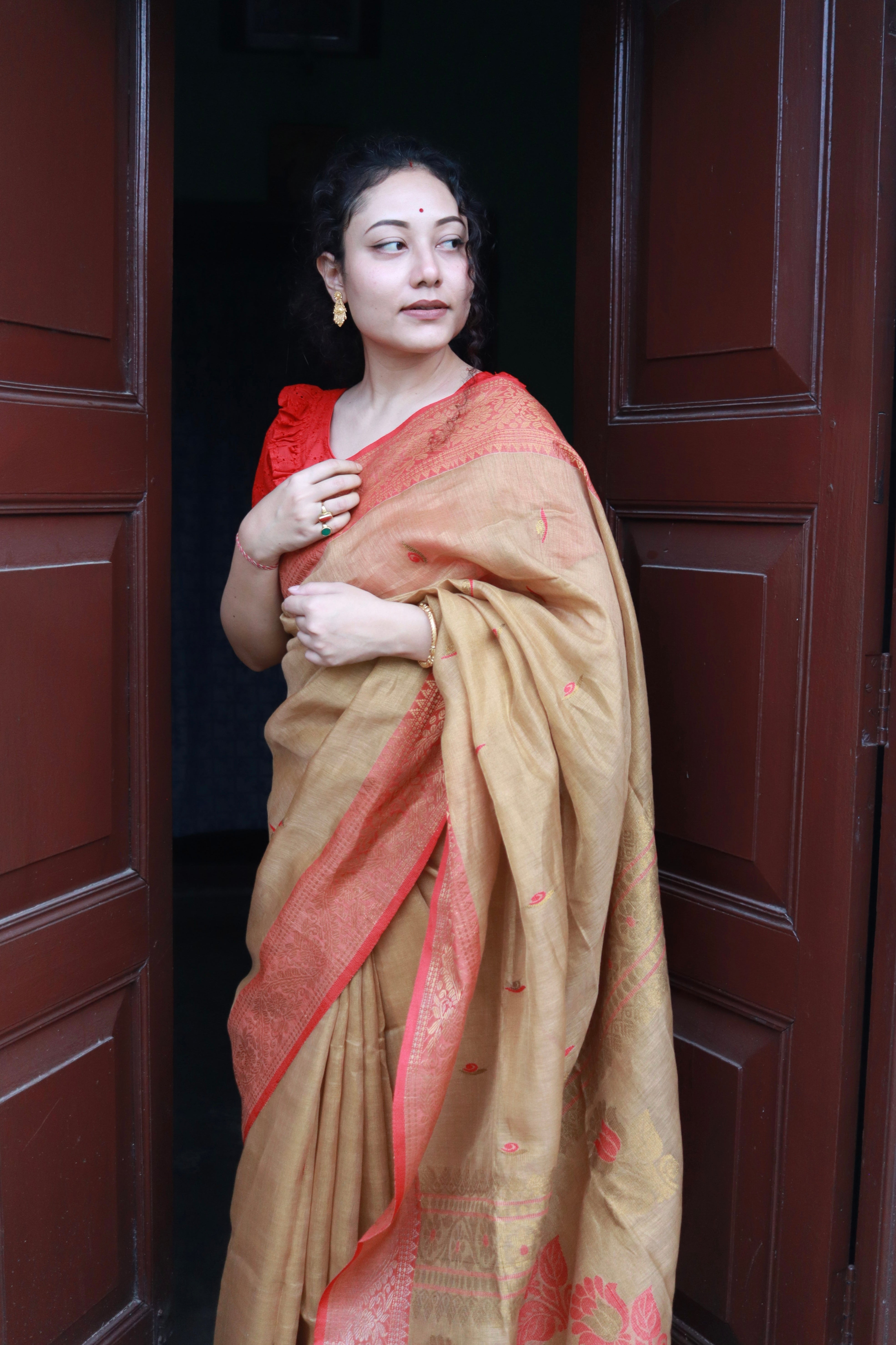 Golden bloom in banarsi linen .
