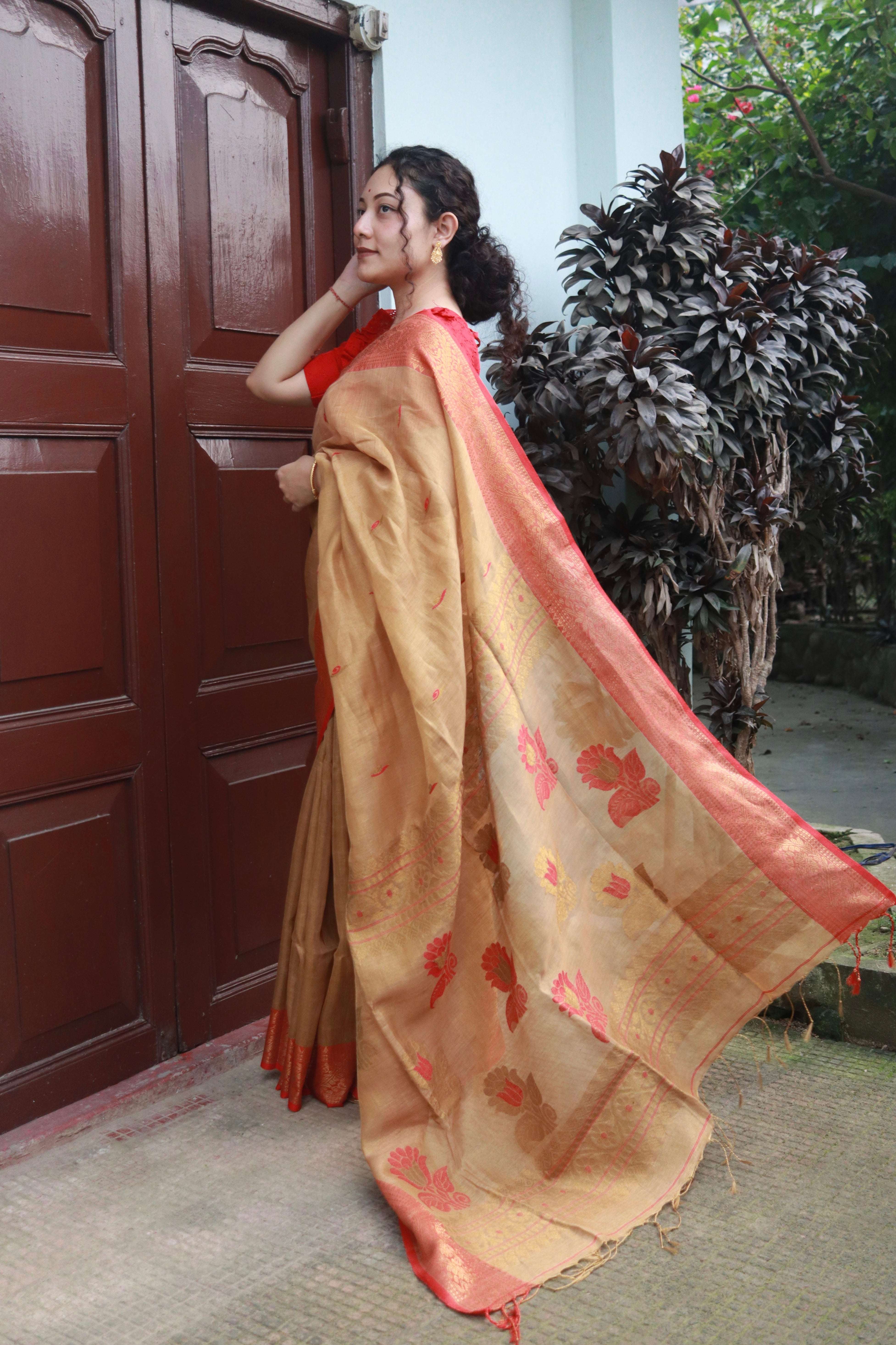 Golden bloom in banarsi linen .