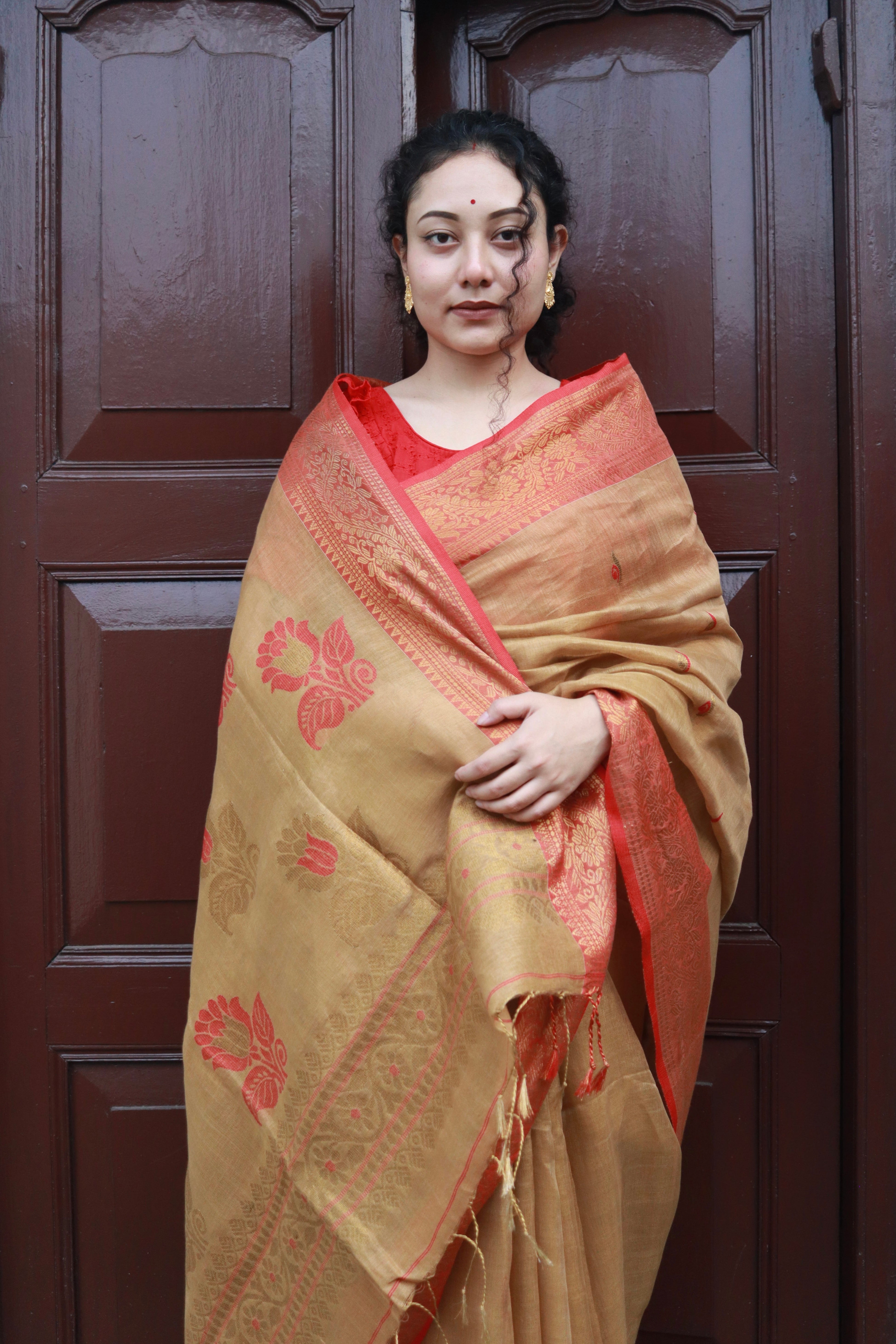 Golden bloom in banarsi linen .