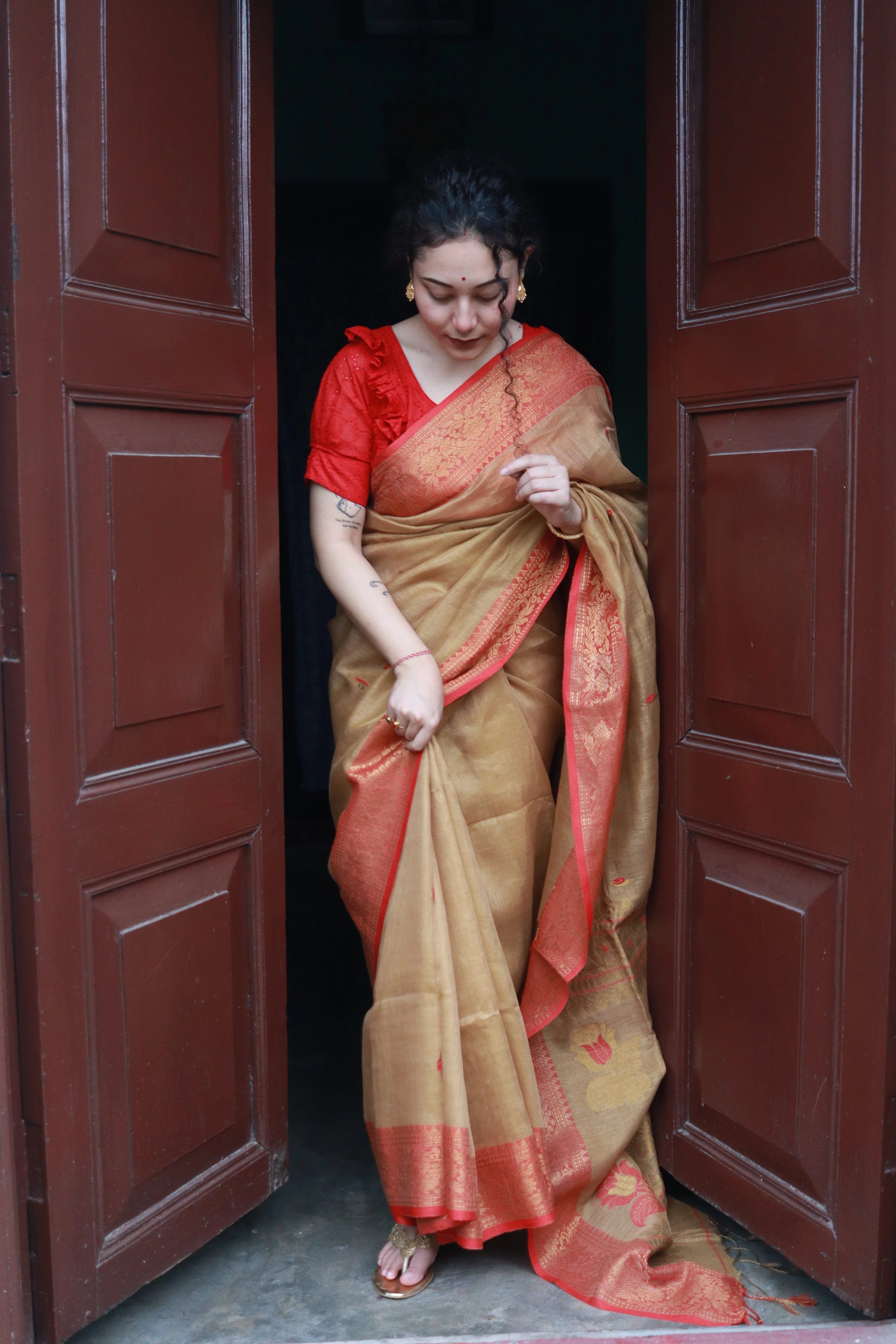 Golden bloom in banarsi linen .